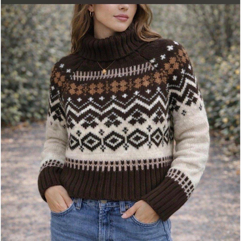 American Eagle VTG Womens XS Brown Cream Fair Isle Turtleneck Sweater‎ Chunky